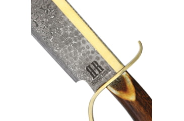 Image of Rough Rider Gold Star Bowie Knife, 19.5in Overall, 14.5in Damascus Steel Clip Point Blade, Brown Bone Handle, Brass D-Guard, Brown Leather Sheath, RR1942
