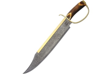 Image of Rough Rider Gold Star Bowie Knife, 19.5in Overall, 14.5in Damascus Steel Clip Point Blade, Brown Bone Handle, Brass D-Guard, Brown Leather Sheath, RR1942