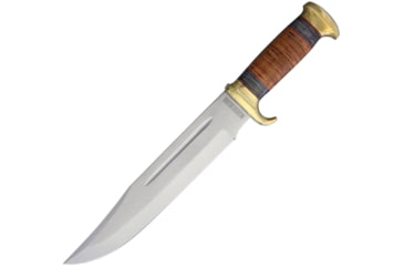 Image of Rough Rider Stacked Leather Bowie Knife, 16.75in Overall, 11in Satin SS Clip Point Blade, Brass Guard, Stacked Leather And Black Pakkawood Handle, Leather Sheath, RR2006 / SM1075