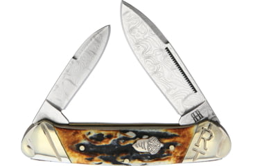 Image of Rough Rider Canoe Cinnamon Stag Folding Knife, Damascus steel spear and pen blades, Cinnamon stag bone handle, RR2156 / KB203R