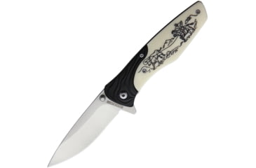 Image of Rough Rider Cowboy Scrimshaw Linerlock A/O Folding Knife, 3.25 satin finish stainless blade, Black aluminum handle with white smooth bone front, BF210642