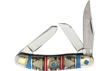 Image of Rough Rider Old Southwest Sowbelly Stockmn Folding Knife, Mirror finish stainless clip, sheepsfoot, and spey, Red and blue stone handle with southwest style nic, KB302R / RR1753