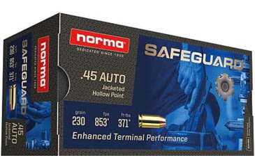 Image of Norma Safeguard .45 ACP 230 grain Jacketed Hollow Point Brass Cased Centerfire Pistol Ammo, 50 Rounds
