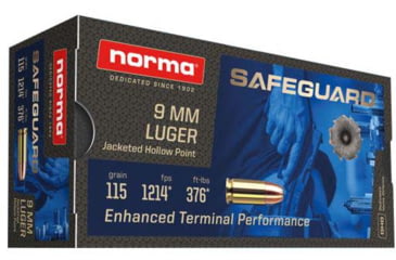 Image of Norma Safeguard 9mm Luger 115 grain Jacketed Hollow Point Brass Cased Centerfire Pistol Ammo, 50 Rounds