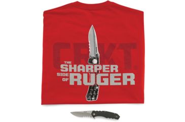 Image of Ruger Follow Through With T-Shirt Folding Knife,3.75in,8Cr13MoV Steel,Drop Point,Stonewash,Black,GRN Handle RUG1702CTS
