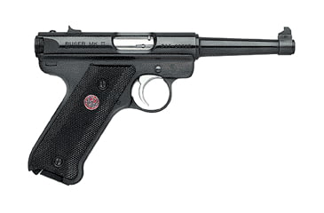 Image of Ruger Mark III Standard Pistol, .22 Long Rifle, 4.75 in barrel, blued carbon steel frame, black synthetic grip, blowback operated semi-auto, fixed front and rear, 10 round magazine, MarkIIISTD475-1-FRRMPG