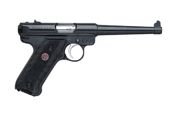 Image of Ruger Mark III Standard Pistol, .22 Long Rifle, 6 in barrel, blued carbon steel frame, black synthetic grip, blowback operated semi-auto, fixed front and rear, 10 round magazine, Mark III STD-6-1-FRRMPG