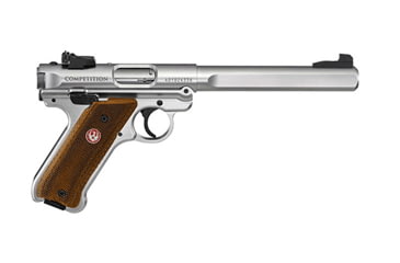 Image of Ruger Mark IV Competition Pistol, .22 Long Rifle, 6.88 in barrel, stainless steel frame, custom laminated wood grip, blowback operated semi-auto, fiber-optic front, adj. target rear, 10 round magazine, Mark IV CPT-1-FRRMPG