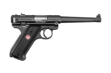 Image of Ruger Mark IV Standard Pistol, .22 Long Rifle, 6 in barrel, aluminum frame, black checkered plastic grip, blowback operated semi-auto, fixed blade and notch, 10 round magazine, Mark IV STD6-1-FRRMPG