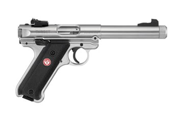 Image of Ruger Mark IV Target Pistol, .22 Long Rifle, 5.75 in barrel, stainless steel frame, black checkered plastic grip, blowback operated semi-auto, fixed blade front, adj. target rear, 10 round magazine, Mark IV TG575-1-FRRMPG
