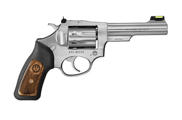 Image of Ruger SP101 Revolver, .22 Long Rifle, 4.2 in barrel, stainless steel frame, rubber with wood insert grip, revolving chamber, fiber-optic front, adjustable rear, 8 round cylinder, SP101-22-42-1-FRRMPG
