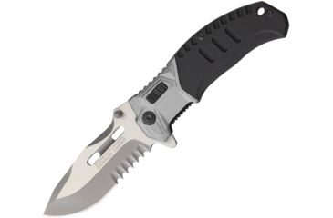 Image of RUI Two Tone Linerlock Folding Knife,3.5in,Stainless Steel,Partially Serrated,Drop Point,Titanium Brushed,Black and Silver,Aluminum Handle RUI19768
