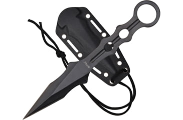 Image of S-TEC Tactical Throwing Knife Fixed Blade Knife, 9in Overall, 2.5in Double Edge Blade, Finger Ring, One Piece Black 440 SS Construction, Black Nylon Neck Sheath, TS200BK