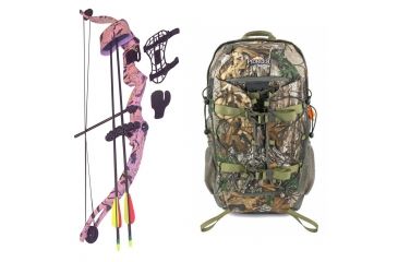 Image of SA Sports Outdoor Gear Majestic Youth Bow, Pkg. Pink Camouflage 20lbs. RH, 566 W/ Vanguard Xl Hunting Backpack-Realtree Camo, 64793-KIT3