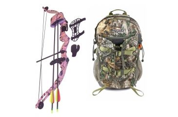 Image of SA Sports Outdoor Gear Majestic Youth Bow, Pkg. Pink Camouflage 20lbs. RH, 566 W/ Vanguard L Hunting Backpack-Realtree Camo