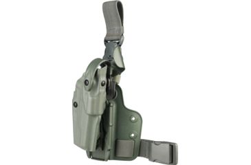 Image of Safariland ALS Tactical Holster w/ Quick Release Leg Harness, Right Hand, STX Foliage Green Leg Shroud Single Strap Molle locking System receiver Plate and Locking Fork 6305-53-541-SP10-MS15-MS18