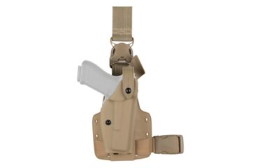Image of Safariland SLS Tactical Holster w/ Quick Release Leg Harness, Right Hand, STX FDE Brown Leg Shroud Single Strap and Hood Guard/Sentry Installed 6005-140-551-SP10-SH