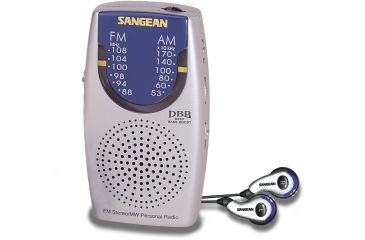 Image of Sangean AM/FM Stereo, Speaker + Earbuds, Analog Tuning Pocket Radio, Silver/ blue SR-3