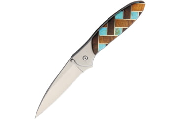 Image of Santa Fe Stoneworks Custom Kershaw Leek A/O Folding Knife, 4in Closed, 3in Bead Blast Finish 14C28N Sandvik SS Blade, Thumb Stud, Pocket Clip, Ironwood Handle With Turquoise Weave, SF1660IT