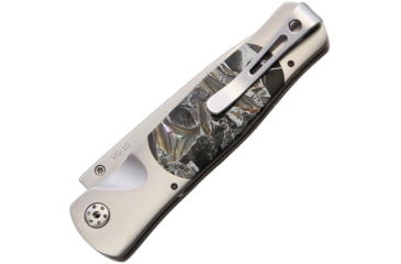 Image of Santa Fe Stoneworks Tesoro Button Lock Folding Knife, 3.5in Closed, 2.75in Satin Vg-10 SS Blade, Titanium Bolster, Thumb Stud, Pocket Clip, Obsidian, Abalone, Bronze Handle, SFSW04