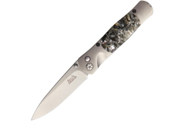 Image of Santa Fe Stoneworks Tesoro Button Lock Folding Knife, 3.5in Closed, 2.75in Satin Vg-10 SS Blade, Titanium Bolster, Thumb Stud, Pocket Clip, Obsidian, Abalone, Bronze Handle, SFSW04