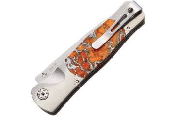 Image of Santa Fe Stoneworks Tesoro Button Lock Folding Knife, 3.5in Closed, 2.75in Satin Vg-10 SS Blade, Titanium Bolster, Thumb Stud, Pocket Clip, Orange Coral And Zinc Handle, GE01 ORANGE CORAL- ZINC
