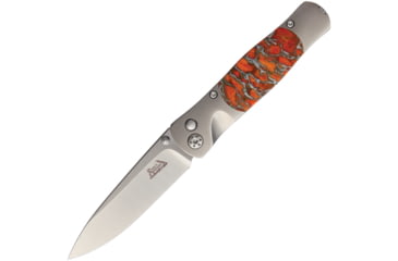 Image of Santa Fe Stoneworks Tesoro Button Lock Folding Knife, 3.5in Closed, 2.75in Satin Vg-10 SS Blade, Titanium Bolster, Thumb Stud, Pocket Clip, Orange Coral And Zinc Handle, GE01 ORANGE CORAL- ZINC