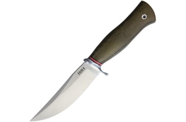 Image of Scagel Small Hunter Canvas Fixed Blade Knife, 9.25in Overall, 4.5in Satin A2 Tool Steel Drop Point, Green Canvas Micarta Handle, Nickel Silver Guard, Brown Leather Belt Sheath, Green, 15-111MGC