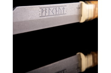 Image of Scandinoff Valknut Classic Viking Knife, 11.63in Overall, 6.63in Stonewash Sleipner Tool Steel Wharncliffe Blade, Curly Birch Handle, Brass, Blue, Yellow/Red Accents, Leather Sheath, SCA-NS-KN-VCVC