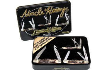 Image of Schrade Uncle Henry 3 Piece Gift Tin Folding Knife,Stainless Steel,Standard Edge,Clip and Guthook,Satin SCHPROM1641CP