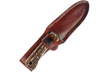 Image of Schrade Uncle Henry Fixed Blade Knife, Uncle Henry, 6.5in Overall, 2.75in Satin SS Blade, Delrin Stag Handle, Brown Leather Belt Sheath, 1100092