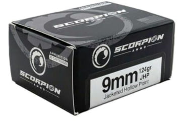 Image of Scorpion 9mm Luger 124 Grain Jacketed Hollow Point Brass Cased Pistol Ammo, 20 Rounds, 9124JHP-S20