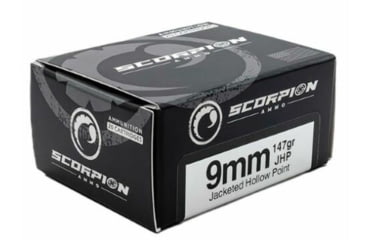 Image of Scorpion 9mm Luger 147 Grain Jacketed Hollow Point Brass Cased Pistol Ammo, 20 Rounds, 9147JHP-S20