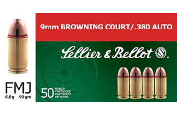 Image of Sellier &amp; Bellot 380 Auto/9mm Browning Court 92 Grain Full Metal Jacket Brass Cased Pistol Ammo, 50 Rounds, SB380A