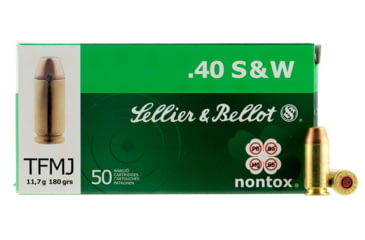 Image of Sellier &amp; Bellot 40 S&amp;W Nontox 180 Grain Total Full Metal Jacket Brass Cased Pistol Ammo, 50 Rounds, SB40NT