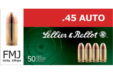 Image of Sellier &amp; Bellot 45 Auto 230 Grain Full Metal Jacket Brass Cased Pistol Ammo, 50 Rounds, SB45A