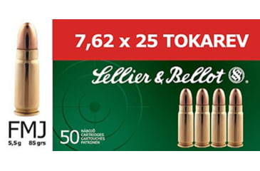 Image of Sellier & Bellot 7.62x25 Tokarev 85 Grain Full Metal Jacket Brass Cased Pistol Ammo, 50 Rounds, SB762TOK