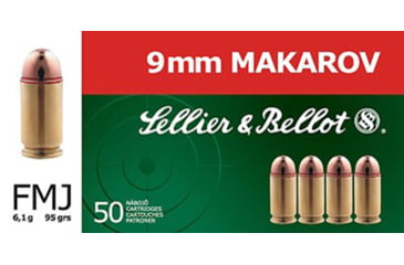 Image of Sellier &amp; Bellot 9mm Makarow 95 Grain Full Metal Jacket Brass Cased Pistol Ammo, 50 Rounds, SB9MAK