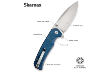Image of SENCUT Skarnax Flipper/thumb Stud Folding Knife 3.79inch Satin 9cr18mov Drop Point Plain Edge Blade, Blue Canvas Micarta Handle - S24025-3