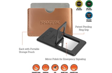 Image of Sharpal Credit Card Diamond Stone Set, Grit Extra Fine L Fine L Coarse, Credit Card Size, Ring Grip Holding, Mirror Polished On Rear Side For Emergency Signaling, Leather Slip Pouch For Each, 116N