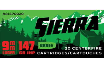 Image of Sierra Bullets Outdoor Master 9mm Luger 147 Grain Jacketed Hollow Point Flat Brass Rifle Ammo, 20 Rounds, A81470020