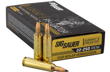 Image of SIG SAUER .22-250 Remington 55 Grain Nosler Varmageddon Brass Cased Rifle Ammo, 20 Rounds, C22250VP55-20
