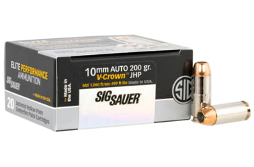 Image of SIG SAUER Elite V-Crown 10mm Auto 200 Grain Jacketed Hollow Point Brass Cased Centerfire Pistol Ammo, 20 Rounds, E10MM200-20