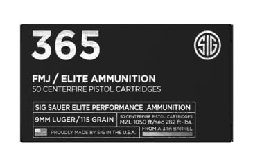 Image of SIG SAUER Elite Ball P365 9mm Luger 115 Grain Full Metal Jacket Brass Cased Centerfire Pistol Ammo, 1000 Round