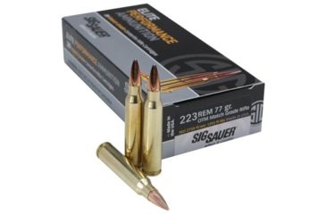 Image of SIG SAUER Elite Match Grade Rifle Ammunition, .223 Remington, 77 grain, Open Tip Match, 20 Rounds/ Box, Brass, E223M1-20