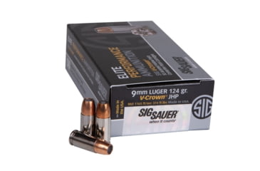 Image of SIG SAUER Elite V-Crown 9mm Luger +P 124 Grain Jacketed Hollow Point Nickel-Plated Brass Centerfire Pistol Ammo, 50 Rounds, E9MMA2P-LE-50