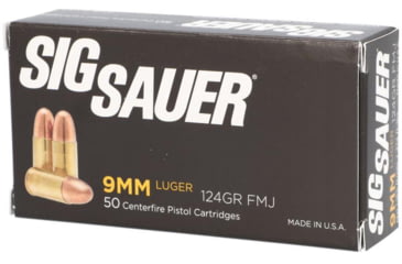 Image of SIG SAUER Elite Performance 9mm Luger 124 Grain Full Metal Jacket Brass Cased Centerfire Pistol Ammo, 50 Rounds, E9 mmB2-50