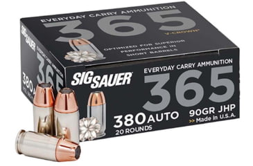 Image of SIG SAUER Elite V-Crown .380ACP 90 Grain Jacketed Hollow Point Brass Cased Centerfire Pistol Ammo, 20 Round, E380A1-365-20
