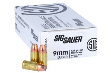 Image of SIG SAUER Elite V-Crown 9 mm Luger 124 Grain Jacketed Hollow Point Brass Cased Pistol Ammo, 50 Rounds, E9 mmJHP124-50