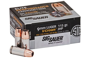 Image of SIG SAUER Elite V-Crown 9mm Luger 115 Grain Jacketed Hollow Point Brass Cased Centerfire Pistol Ammo, 20 Rounds, E9 mmA1-20